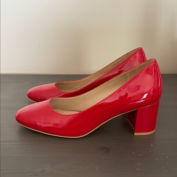 STUART WEITZMAN Holly Block Heel Ruby Red Patent Leather Pumps Size 11.5 - Picture 1 of 9